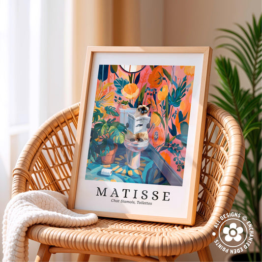 A framed print of a colorful painting depicting a vase of flowers and a book on a table, placed on a wicker chair.