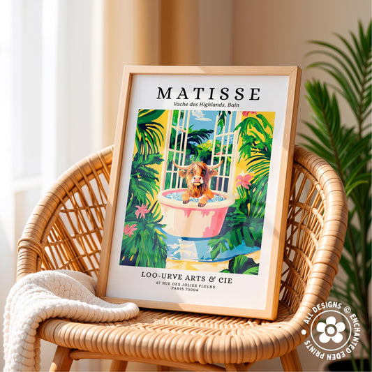 A framed poster of a painting depicting a dog in a bathtub surrounded by tropical foliage, placed on a wicker chair.
