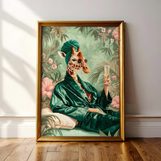 A framed painting depicting a giraffe wearing a green robe and holding a glass of wine, surrounded by tropical foliage.