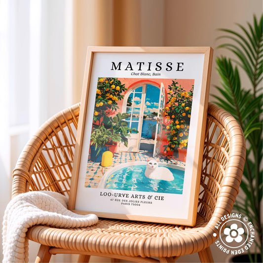 A framed poster of a painting titled "MATISSE" by the artist Jean-Michel Basquiat, displayed on a wicker chair.