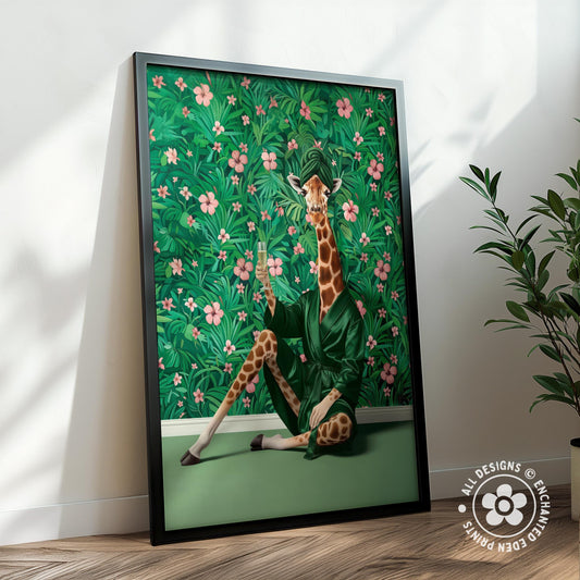 A giraffe wearing a green robe is sitting on a green surface, surrounded by a vibrant floral background.