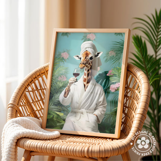 Funny Giraffe in Robe Poster – Tropical Bathroom Wall Art