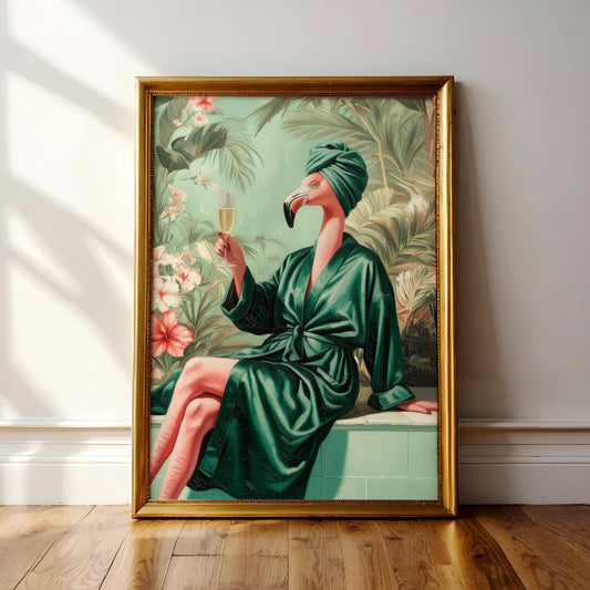 A framed painting depicting a flamingo wearing a green bathrobe and holding a glass of wine, surrounded by tropical foliage.