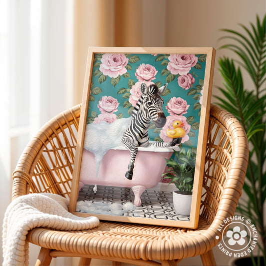 Funny Zebra in Bathtub Poster – Quirky Bathroom Wall Art