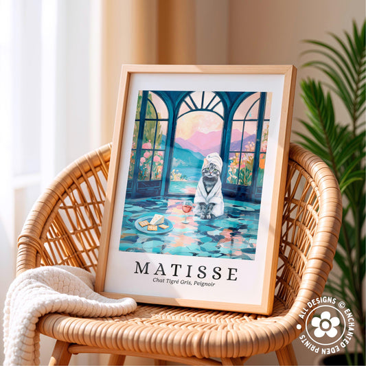 A framed print of an illustration depicting a cat in a room with a window, a vase of flowers, and a painting of a landscape.