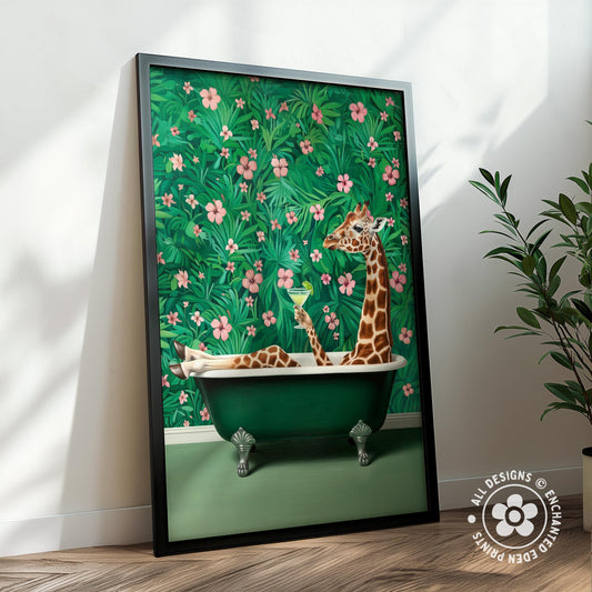A giraffe is sitting in a green bathtub, holding a martini glass, surrounded by a vibrant floral background.