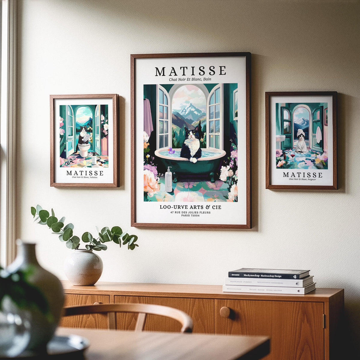Henri Matisse Style Animals on a toilet or in a bath tub printed poster prints including a sausage dog and tabby cat