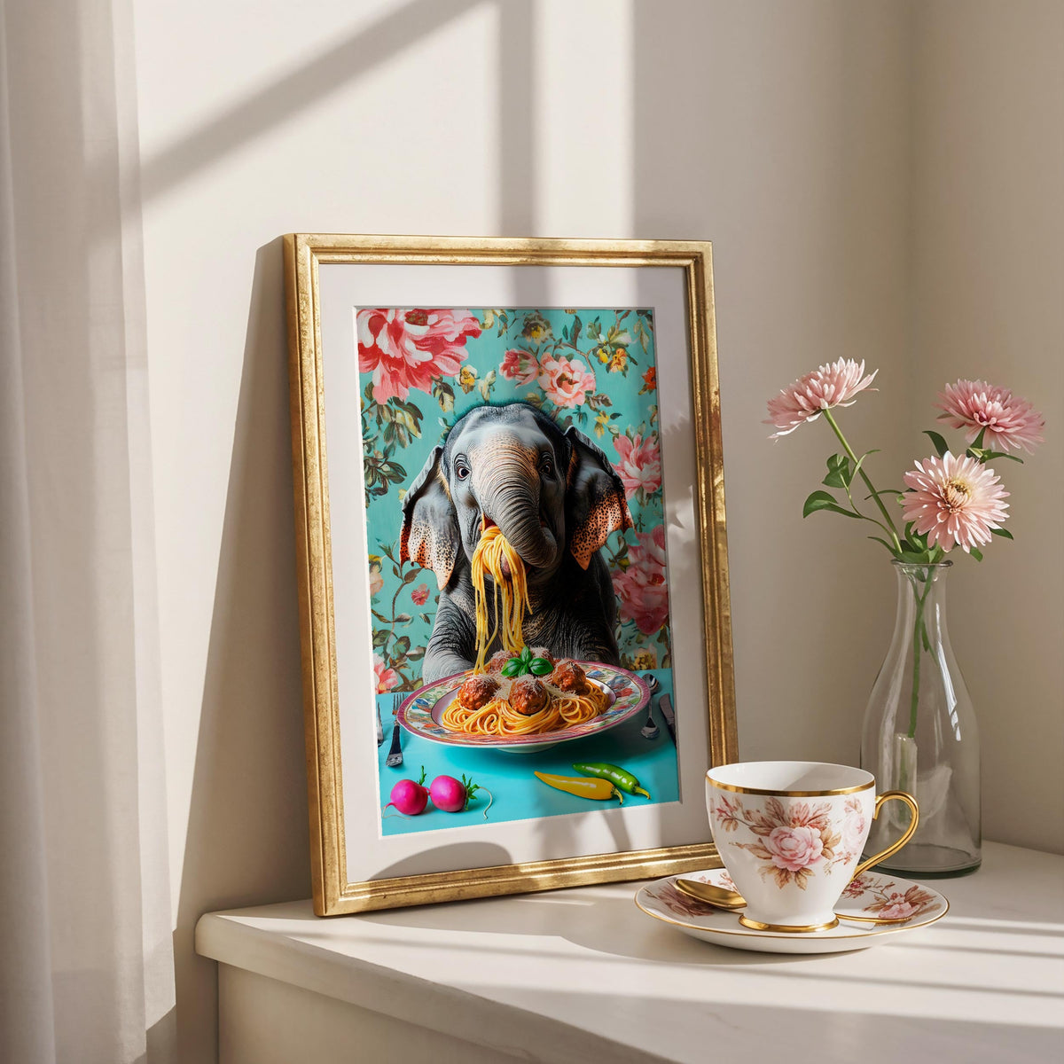 French Bulldog drinking a coffee poster print
