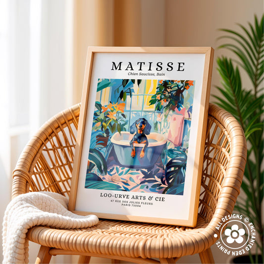 A framed poster of a colorful painting depicting a dog sitting in a bathtub surrounded by tropical plants, placed on a wicker chair.