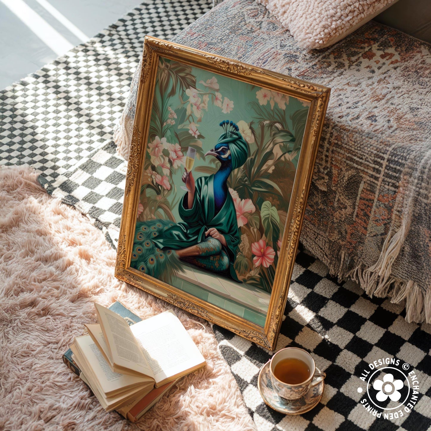 a framed painting of a peacock sitting on a floral background, surrounded by a cozy and inviting atmosphere. The painting is placed on a checkered rug, with a stack of books and a cup of tea nearby, creating a comfortable and relaxing setting.