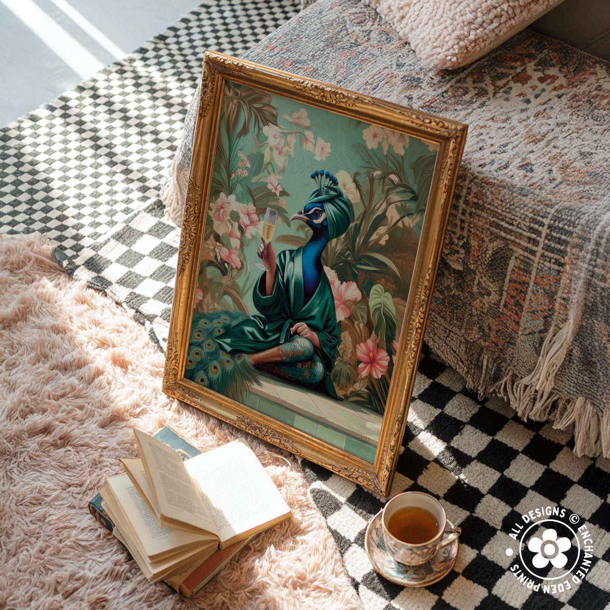 a framed painting of a peacock sitting on a floral background, surrounded by a cozy and inviting atmosphere. The painting is placed on a checkered rug, with a stack of books and a cup of tea nearby, creating a comfortable and relaxing setting.