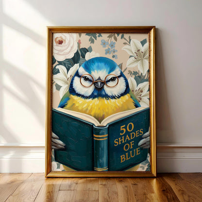 Funny Blue Tit Reading Book Art – Quirky Bird Lover Wall Decor