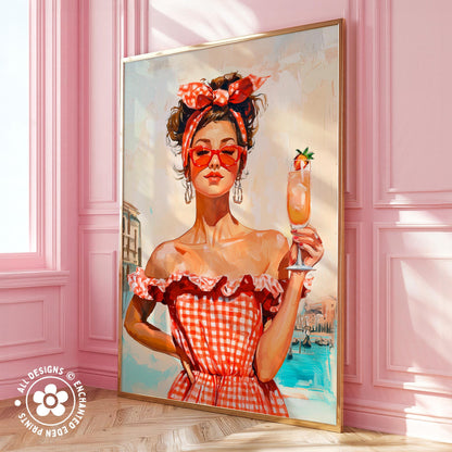 A large painting of a woman wearing a red and white checkered dress and holding a drink, with a pink background and a window.
