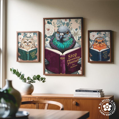 Funny Pigeon Reading Book Art – Quirky Bird Lover Wall Decor