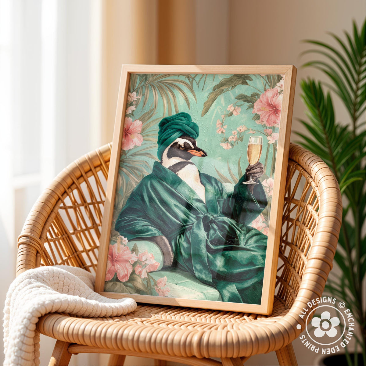A framed print depicting a penguin wearing a green robe and holding a glass of wine, surrounded by tropical foliage and flowers.