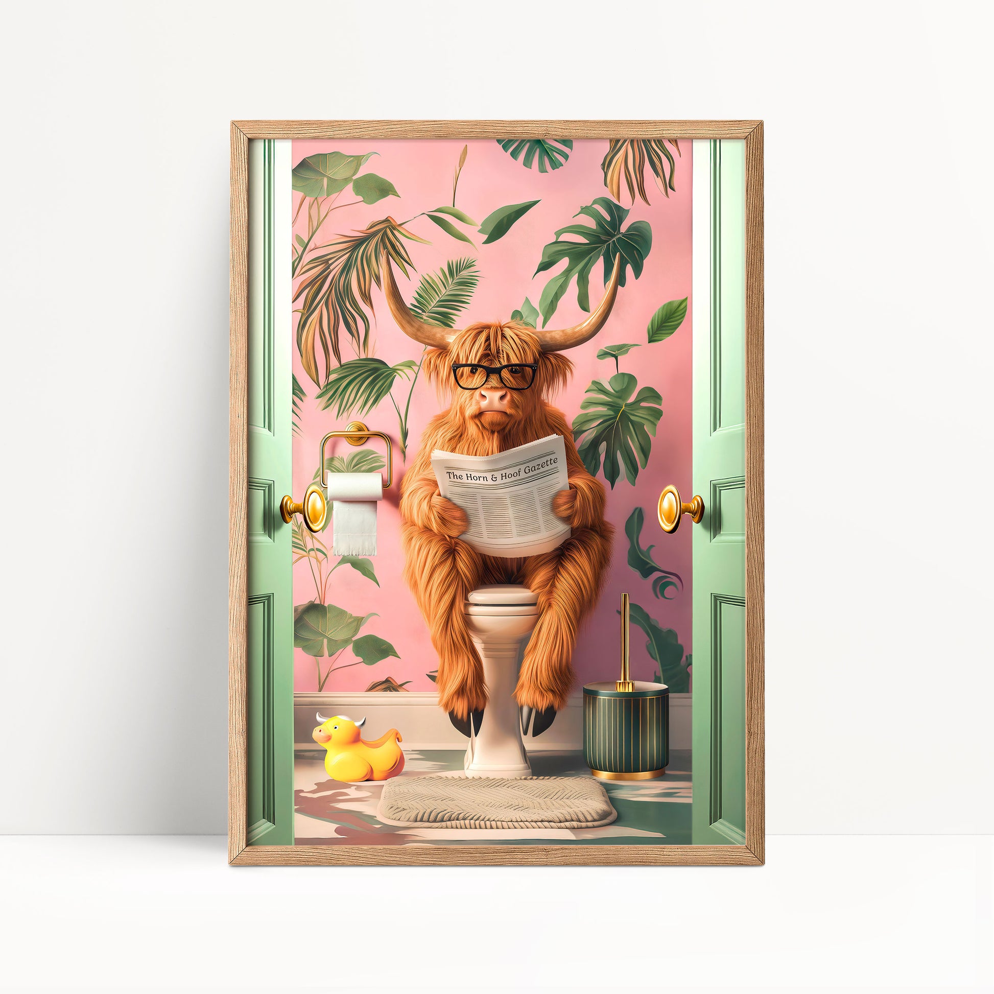 A cartoonish Highland cow wearing glasses and reading a newspaper is sitting on a toilet in a bathroom with a pink and green floral wall, a yellow rubber duck, and a toilet paper holder.