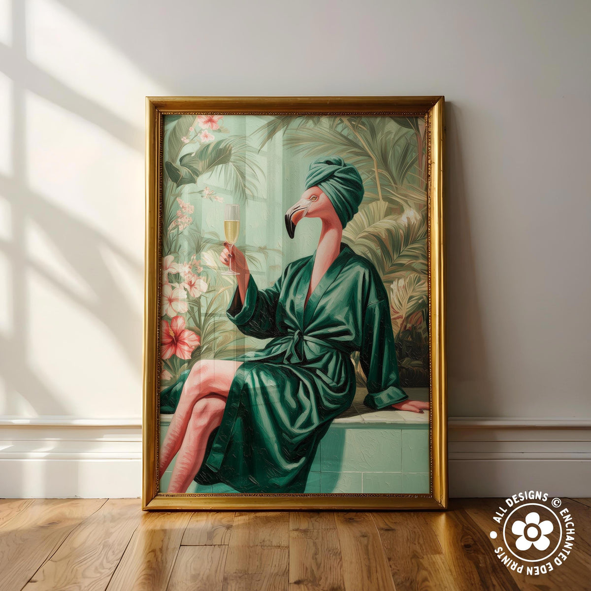 A framed painting depicting a flamingo wearing a green bathrobe and holding a glass of wine, set against a tropical background.