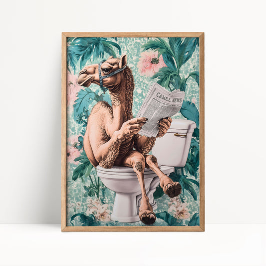 A camel sitting on a toilet and reading a newspaper, surrounded by tropical foliage.