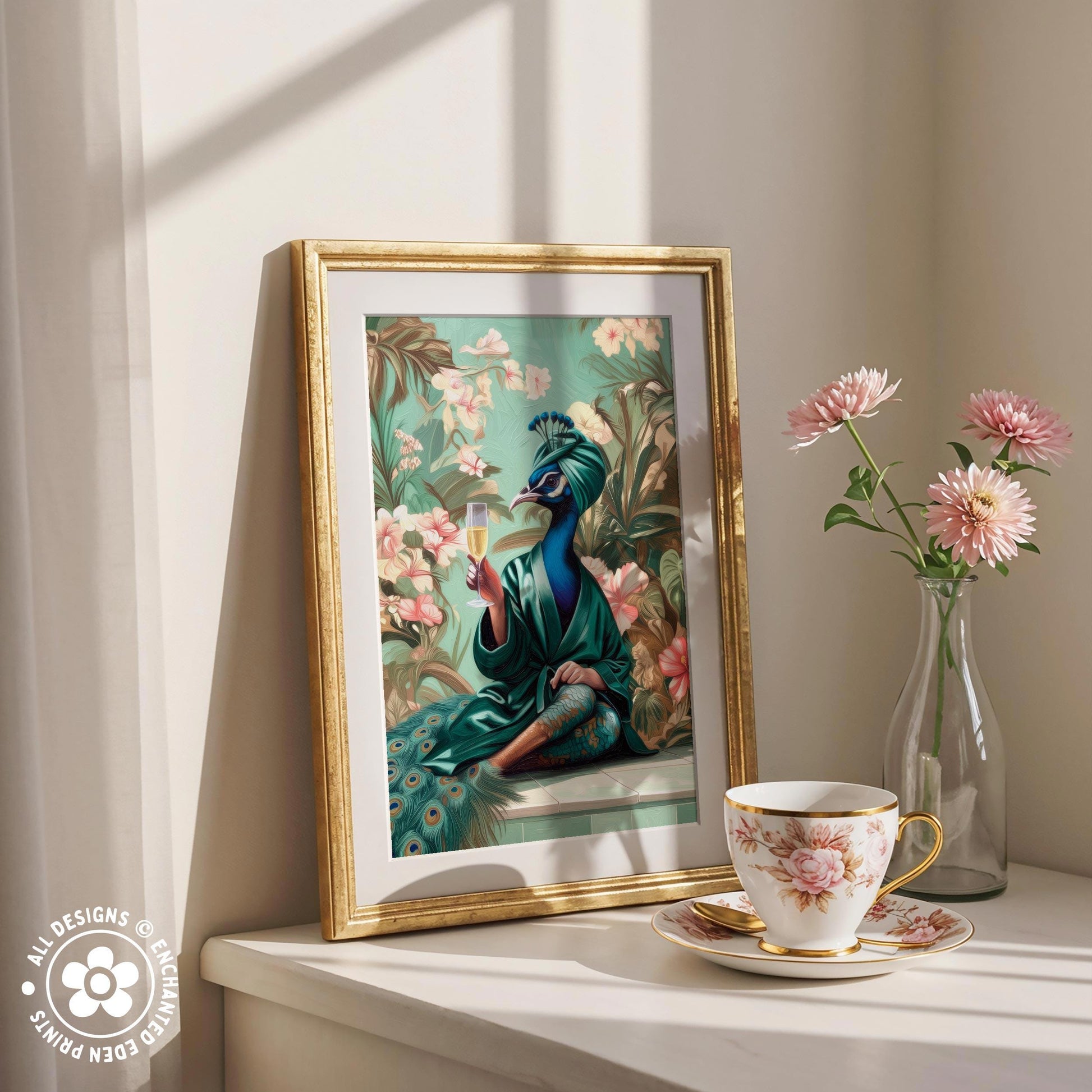 a framed painting of a peacock, a vase of pink flowers, and a cup of tea on a white shelf.
