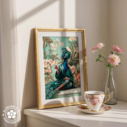 a framed painting of a peacock, a vase of pink flowers, and a cup of tea on a white shelf.