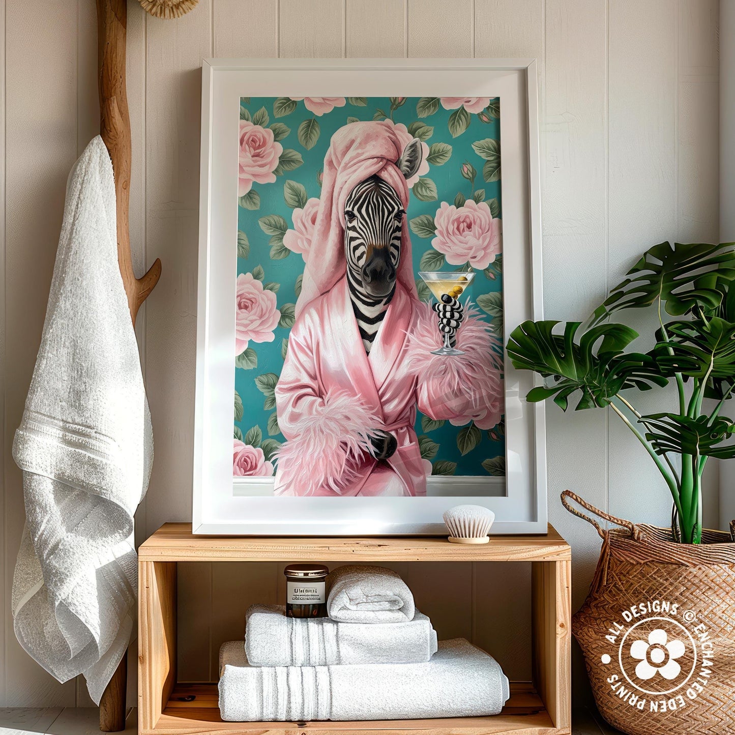 Funny Zebra in Robe Poster – Glam Bathroom & Bar Wall Art