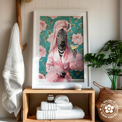 Funny Zebra in Robe Poster – Glam Bathroom & Bar Wall Art