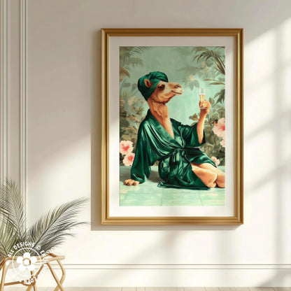 a framed painting of a camel wearing a green robe and holding a glass of wine, set against a tropical background with palm trees and pink flowers.