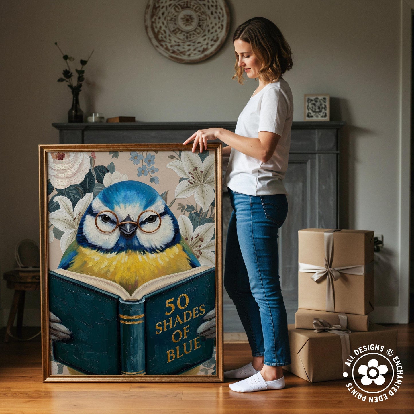 Funny Blue Tit Reading Book Art – Quirky Bird Lover Wall Decor