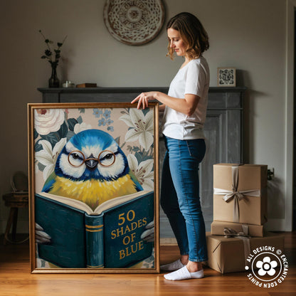 Funny Blue Tit Reading Book Art – Quirky Bird Lover Wall Decor