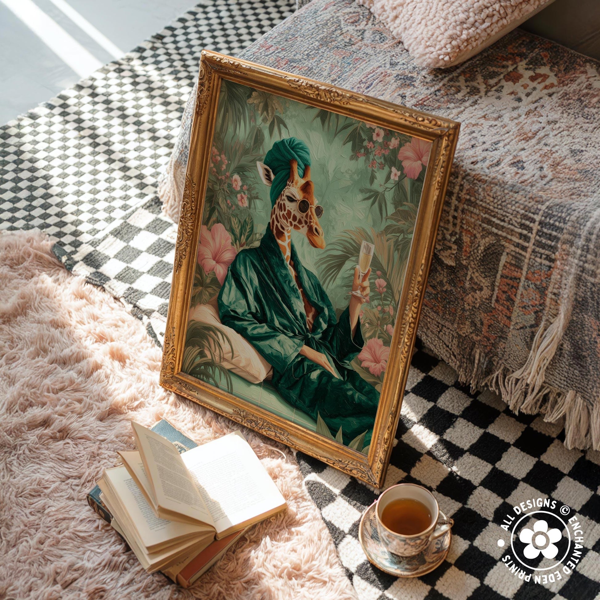 a framed painting of a giraffe wearing a green robe and holding a book, placed on a checkered rug next to a stack of books and a cup of tea.