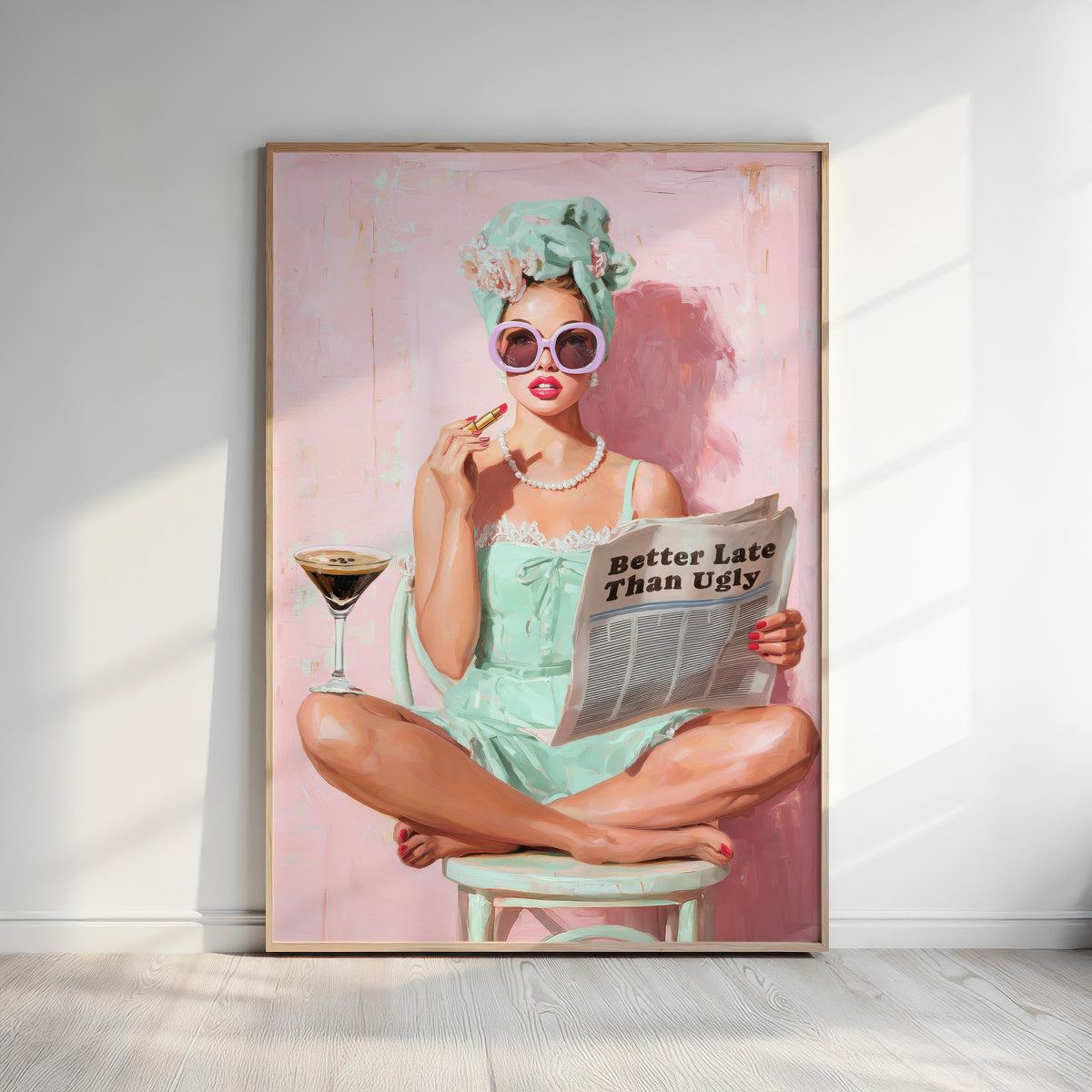 Retro Coquette Wall Art – 1950s “Better Late Than Ugly” Quote Print