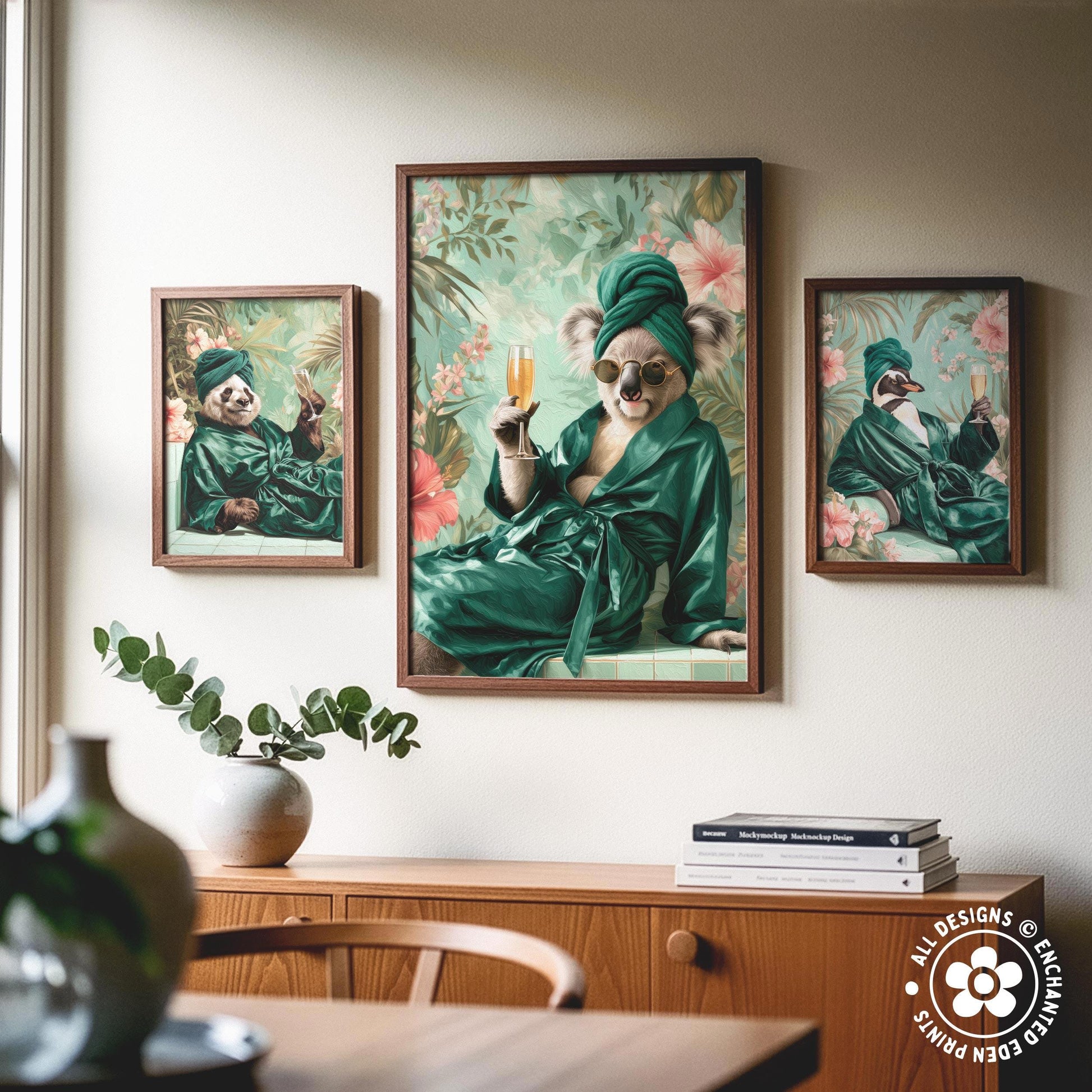a collage of three framed pictures on a wall, each depicting a panda wearing a green robe and holding a glass of champagne.
