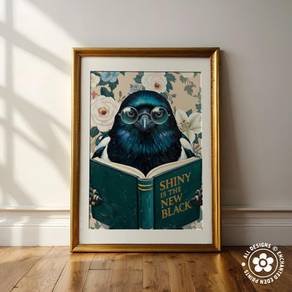 Funny Magpie Reading Book Art – Quirky Bird Lover Wall Decor