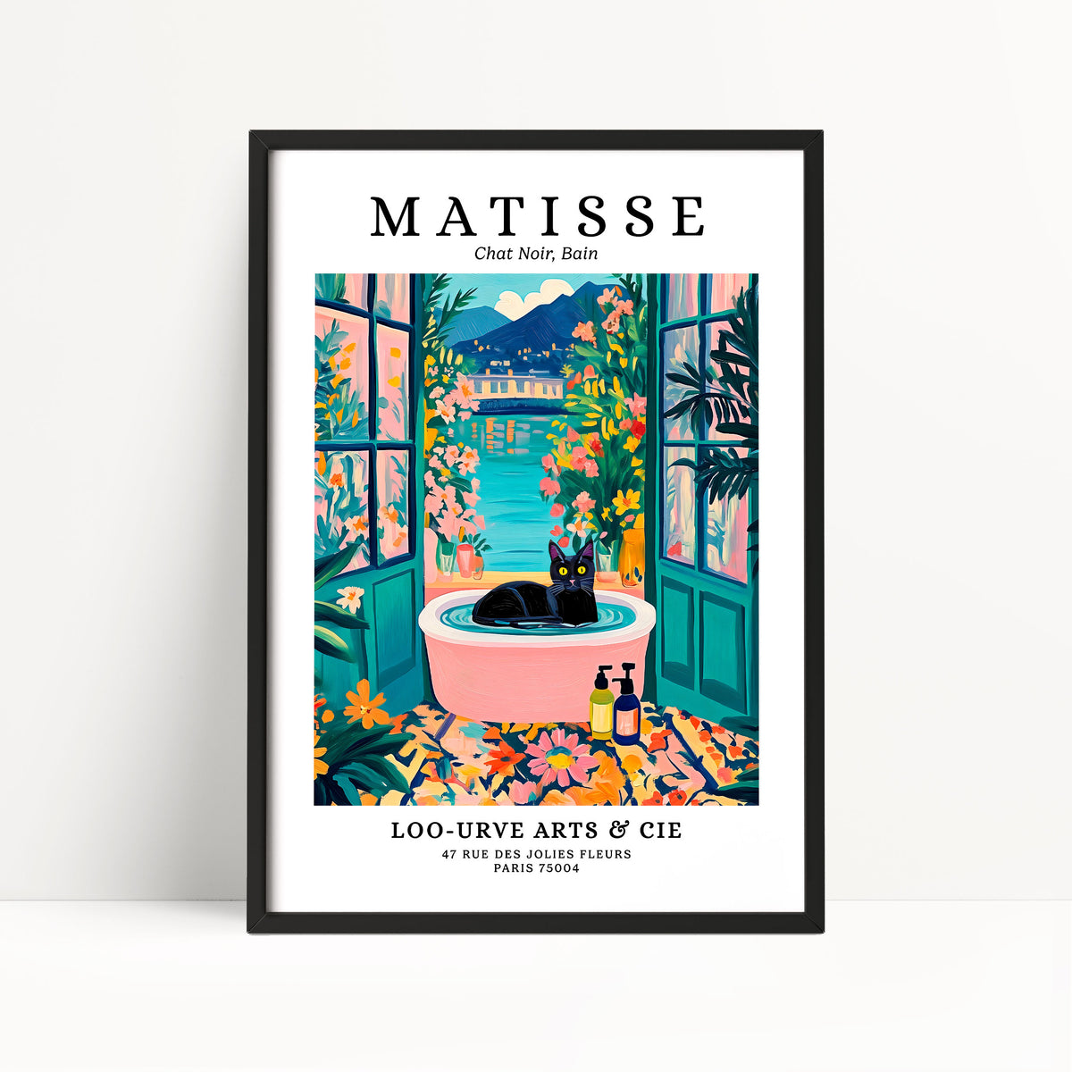 The image is a framed poster featuring a colorful illustration of a cat sitting in a bathtub surrounded by flowers and plants, with a tropical landscape in the background.