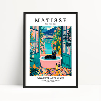 The image is a framed poster featuring a colorful illustration of a cat sitting in a bathtub surrounded by flowers and plants, with a tropical landscape in the background.