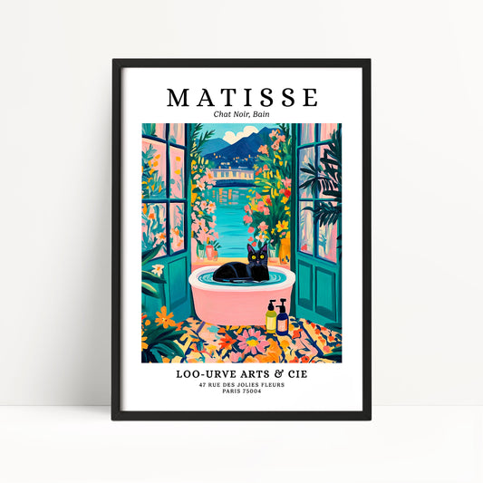 The image is a framed poster featuring a colorful illustration of a cat sitting in a bathtub surrounded by flowers and plants, with a tropical landscape in the background.