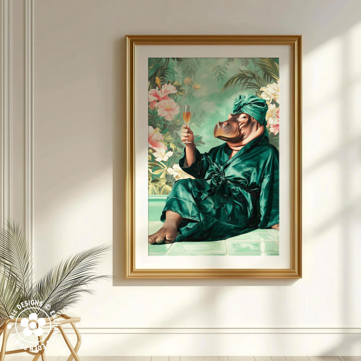 A framed painting depicting a person in a green robe and turban, holding a glass of wine, with a tropical background.