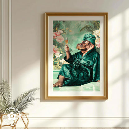 A framed painting depicting a person in a green robe and turban, holding a glass of wine, with a tropical background.