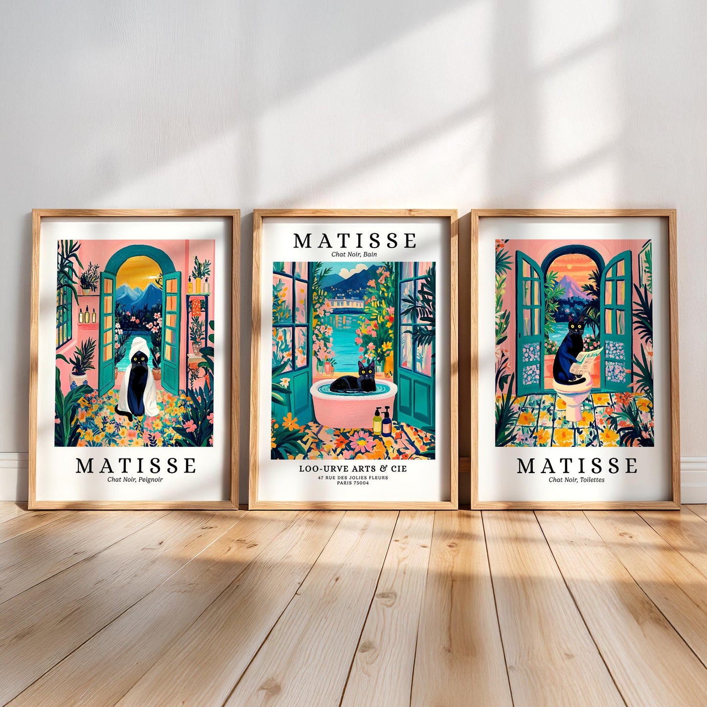 three framed prints of the famous French artist Matisse, each depicting a different scene from his work.