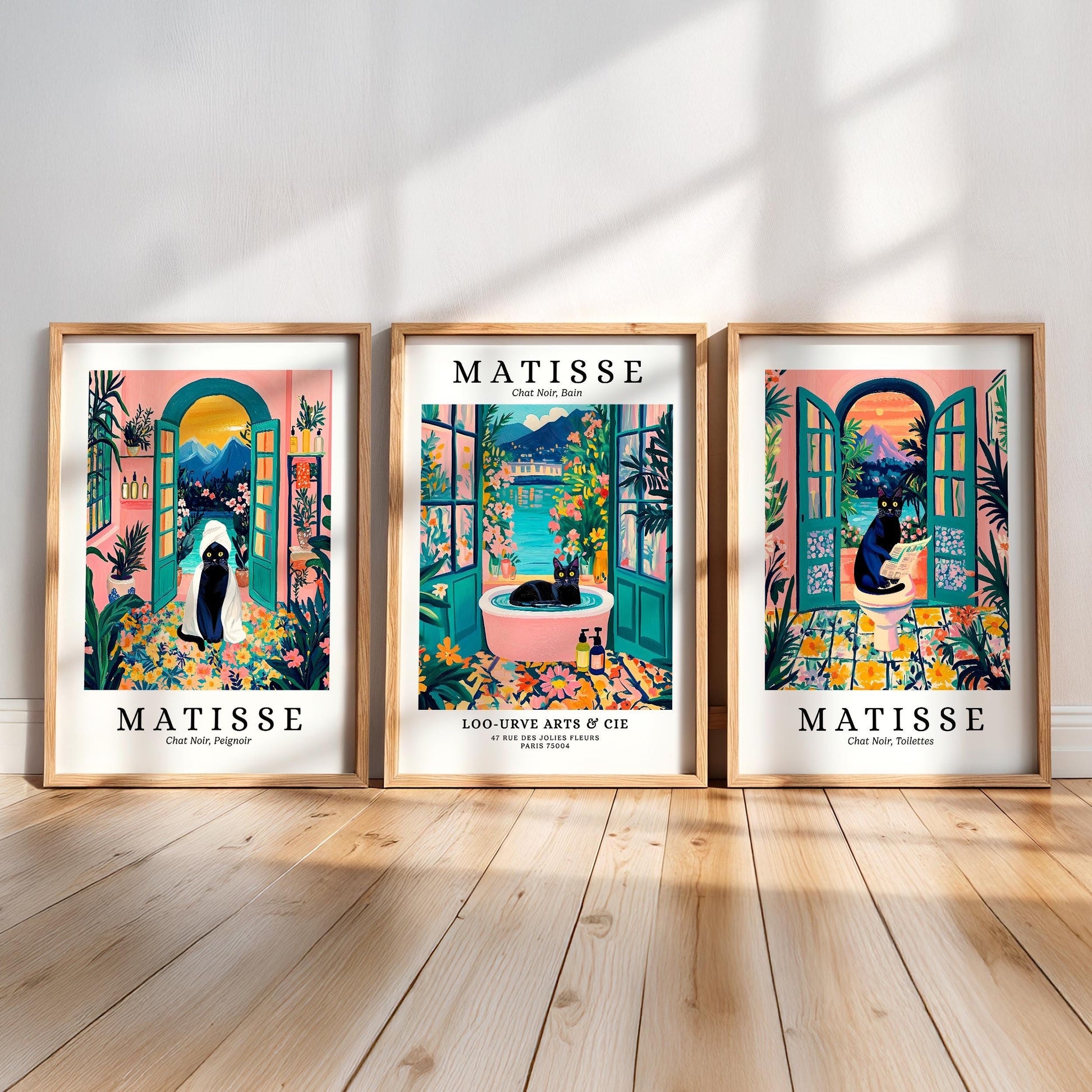 three framed prints of the famous French artist Matisse, each depicting a different scene from his work.