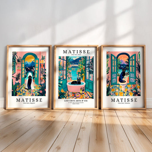 three framed prints of the famous French artist Matisse, each depicting a different scene from his work.