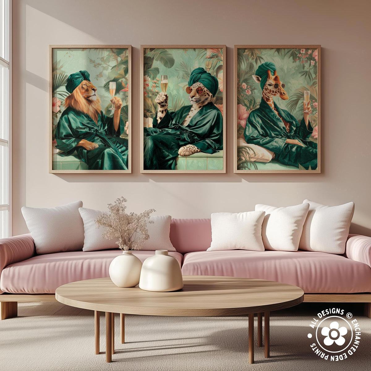 a living room with a pink sofa and a wooden coffee table. Above the sofa, there are three framed paintings depicting animals in green robes, each holding a wine glass.
