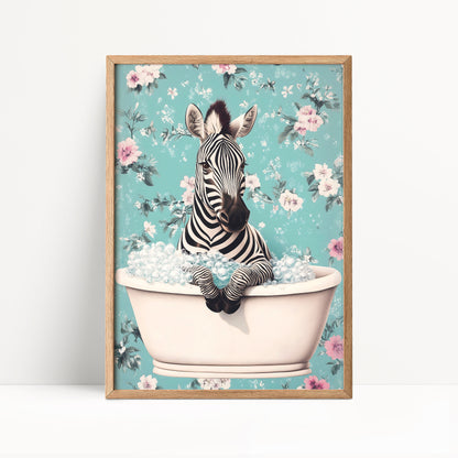 A zebra sitting in a bathtub filled with bubbles, surrounded by a floral pattern.