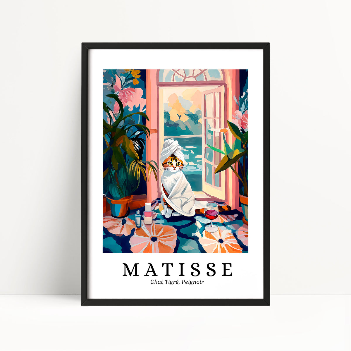 The image is a framed poster featuring an illustration of a cat wrapped in a towel, sitting on a windowsill with a potted plant and flowers in the background.