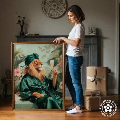 A woman stands next to a large framed painting depicting a lion wearing a green robe and holding a glass of champagne.