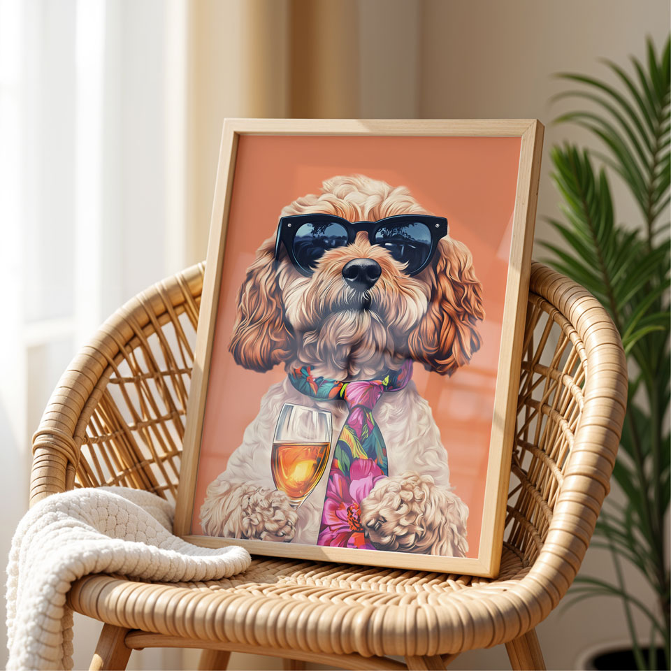 a picture of a dog wearing sunglasses and holding a wine glass