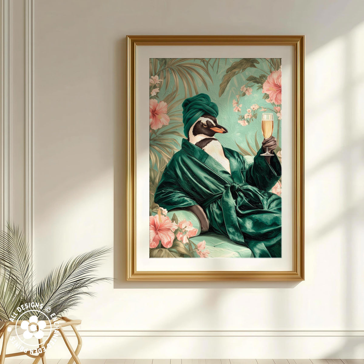 A framed painting depicting a penguin wearing a green robe and holding a glass of champagne, surrounded by tropical flowers.