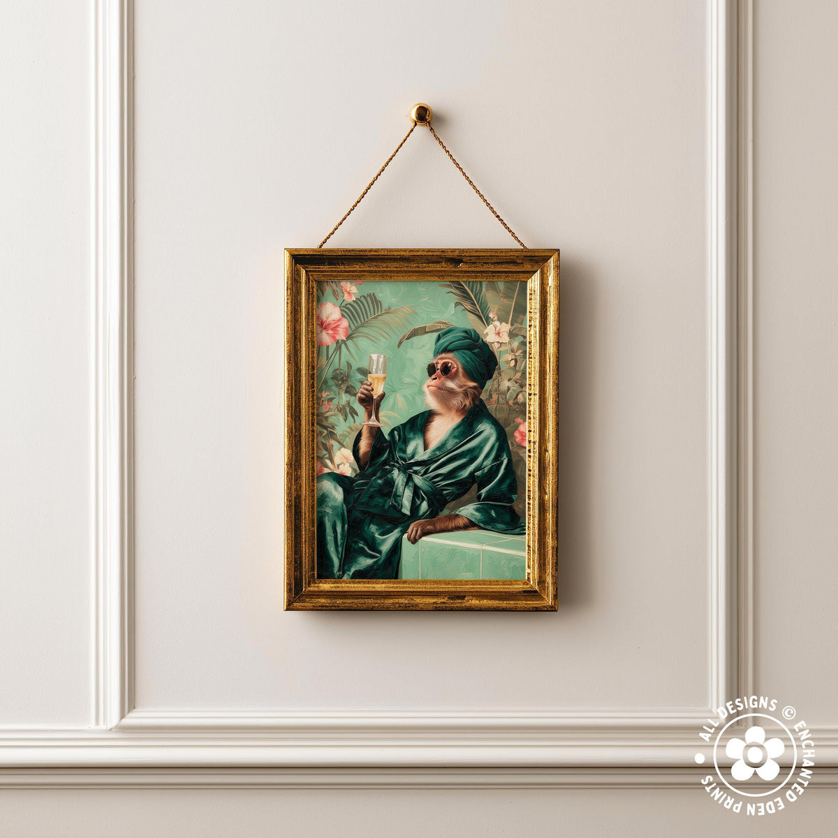 a framed painting of a person wearing a green robe and sunglasses, holding a glass of wine and looking up.