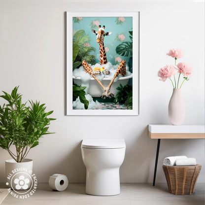 Funny Giraffe in Bath Tub Poster – Tropical Bathroom Wall Art