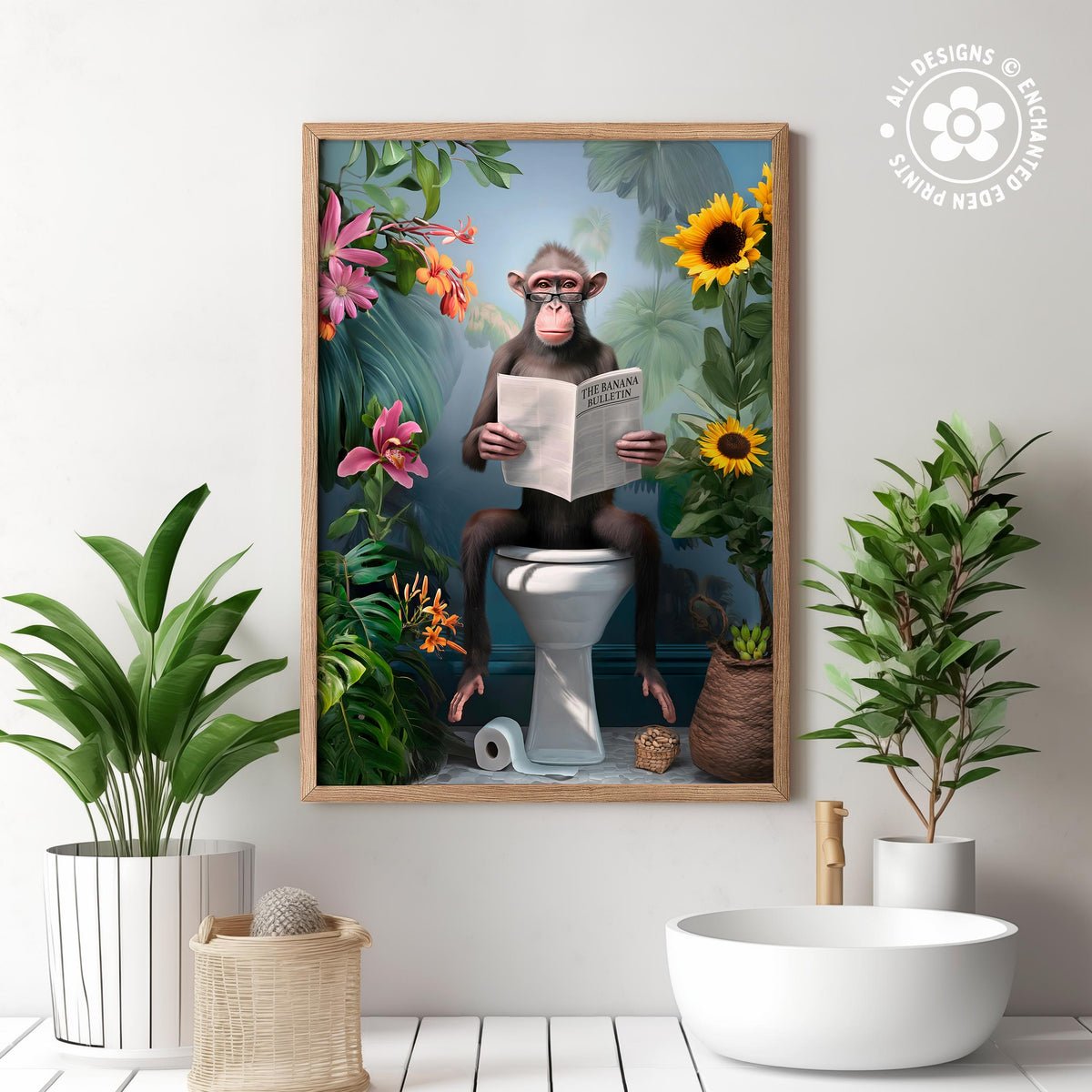 a monkey sitting on a toilet and reading a newspaper, surrounded by tropical plants and flowers.